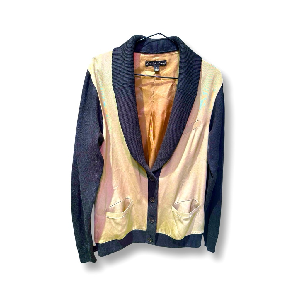 [ ELIZABETH & JAMES ] *RARE Womens Tan Silk Cardigan w/ Ribbed Contrast Trim: M